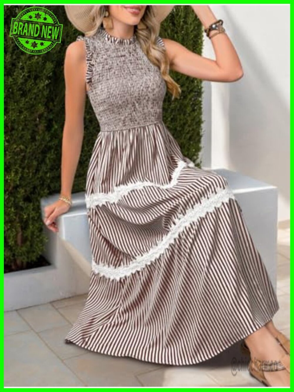 Striped Midi Dress Casual Flowy Smocked Sundress Lace Trim Sleeveless - Picture 6 of 6